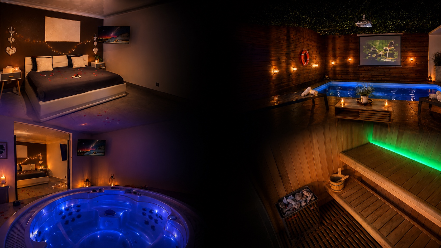 Chambre, piscine, jacuzzi et sauna du Loft Private Spa